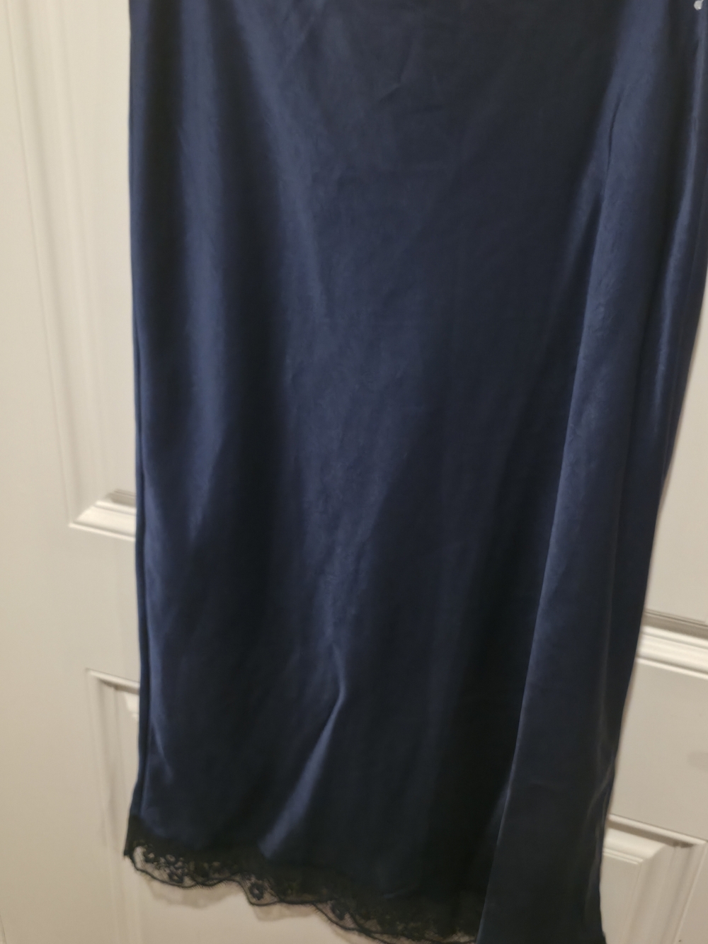 NWOT Navy Midi Slip Skirt with Black Lace Hem
